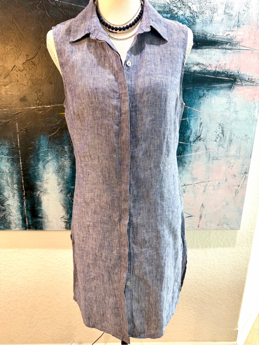 St. Tropez Sleeveless Linen Blend Shirt Dress in Chambray Blue